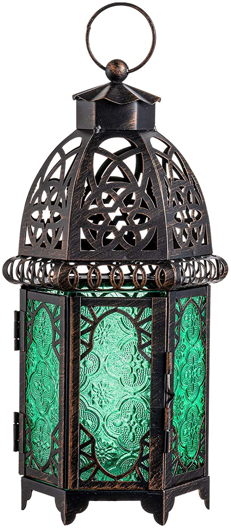DECORKEY Vintage Large Size Candle Lantern, 12.8inch Moroccan Style Decorative Hanging Lantern, Metal Tabletop Lantern, Halloween Candle Holders for Outdoor Patio (Amber) Home & Garden > Decor > Home Fragrance Accessories > Candle Holders DECORKEY Green  
