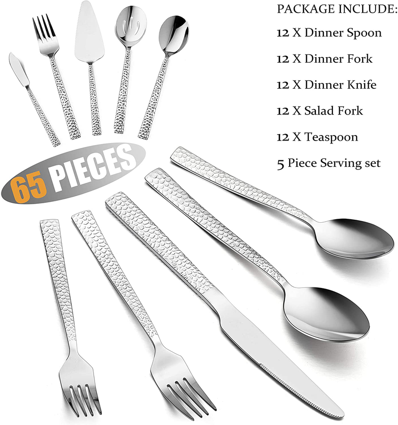 E-far 65-Piece Silverware Set with Serving Pieces, Stainless Steel Hammered Flatware Eating Utensils Service for 12, Modern Tableware Cutlery Set with Square Edge, Mirror Polished, Dishwasher Safe Home & Garden > Kitchen & Dining > Tableware > Flatware > Flatware Sets E-far   