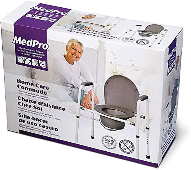 Medpro Homecare Commode Chair with Adjustable Height, Convenient and Safer Toilet Alternative, Durable and Rust Resistant, 7 Height Adjustments, Molded Plastic Armrests, Gray