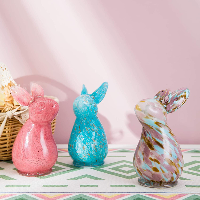 Diamond Star Hand Blown Bunny Glass Cute Rabbit Easter Decoration, Set of 3, Colorful