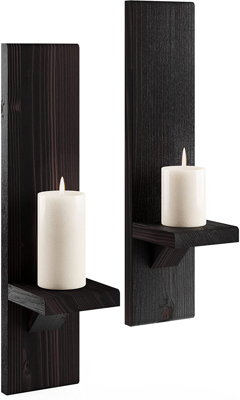 LocalBeavers Decorative Wall Holders and Candles Sconces, Wooden Wall Mounted Hanging Shelves - Set of 2 (Ebony/Black)