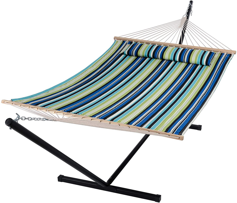 SUNCREAT 55 Inch Extra Large Double Hammock with Stand, 475lbs Capacity, Outdoor Portable Hammock with Hardwood Spreader Bar, Extra Large Pillow, Grey Home & Garden > Lawn & Garden > Outdoor Living > Hammocks SUNCREAT Green Stripes  