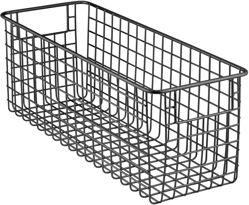 mDesign Narrow Farmhouse Decor Metal Wire Food Storage Organizer Bin Basket with Handles for Kitchen Cabinets, Pantry, Bathroom, Laundry Room, Closets, Garage - 16" x 6" x 6" - Matte Black