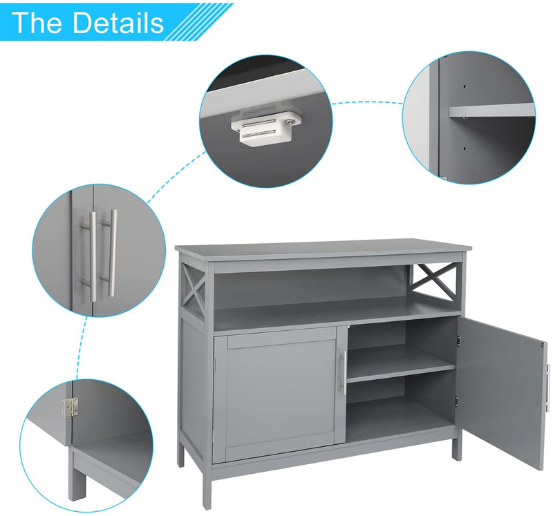 Kitchen Sideboard Buffet Storage Cabinet with 2 Doors, 1 Adjustable Shelf & Open Shelf, Buffet Server Cupboard Console Table for Living Room, Dining Room, Hallway Furniture, Gray