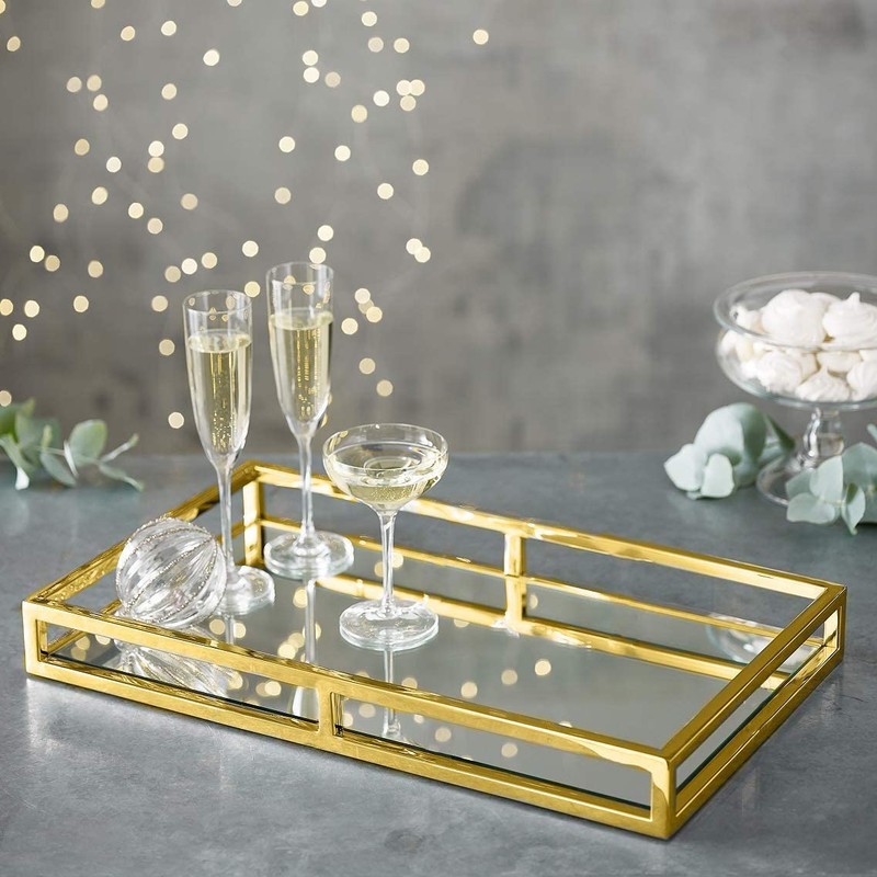 Le'raze Mirrored Vanity Tray, Decorative Tray with Chrome Rails for Display, Perfume, Vanity, Dresser and Bathroom, Elegant Mirror Tray Makes A Great Bling Gift –16X10 Inch Home & Garden > Decor > Decorative Trays Le'raze Gold  
