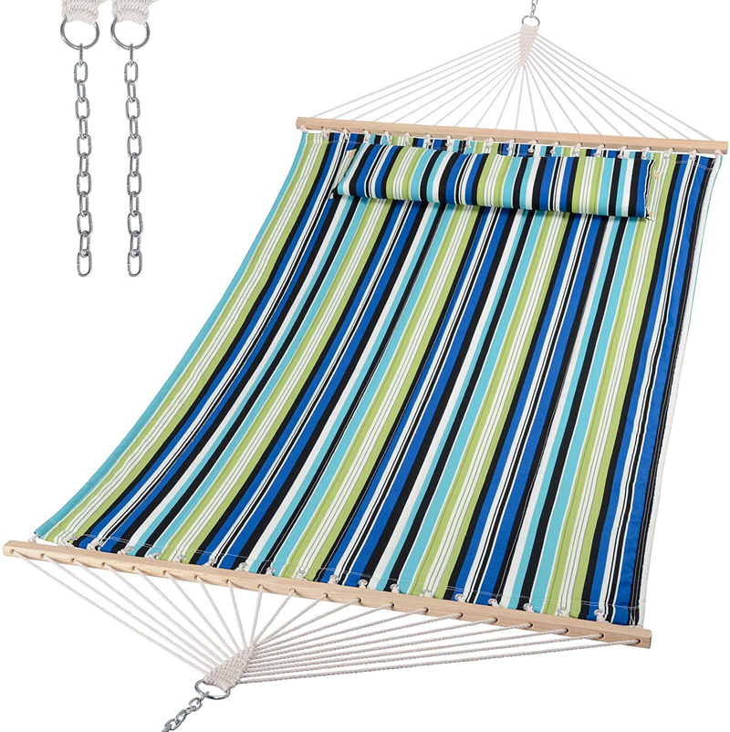 SUNCREAT Double Quilted Hammock with Hardwood Spreader Bar, Extra Large Soft Pillow, Heavy Duty 2 Person Hammock for Indoor, Outdoor, Grey Pattern Home & Garden > Lawn & Garden > Outdoor Living > Hammocks SUNCREAT Green Stripes  