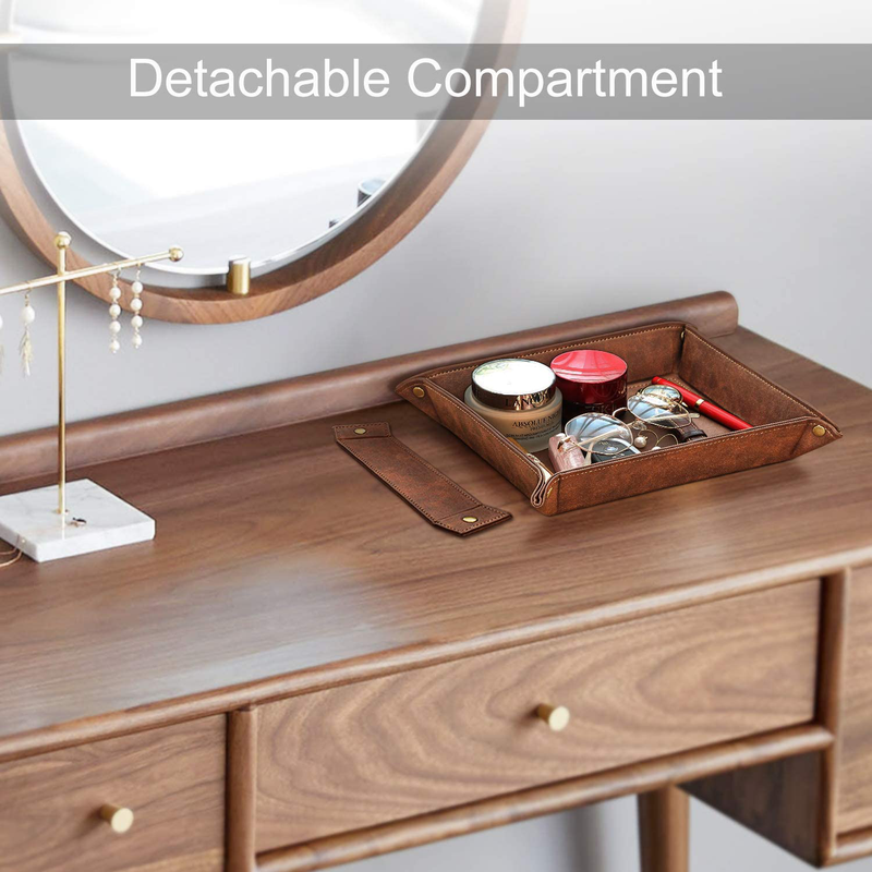 SITHON Valet Tray Desktop Storage Organizer – Removable 2 Compartments Catchall Tray Bedside Vanity Tray Nightstand Caddy Holder Desk Storage Plate for Remote Controller/Keys/Phone/Jewelry, Brown Home & Garden > Decor > Decorative Trays SITHON   