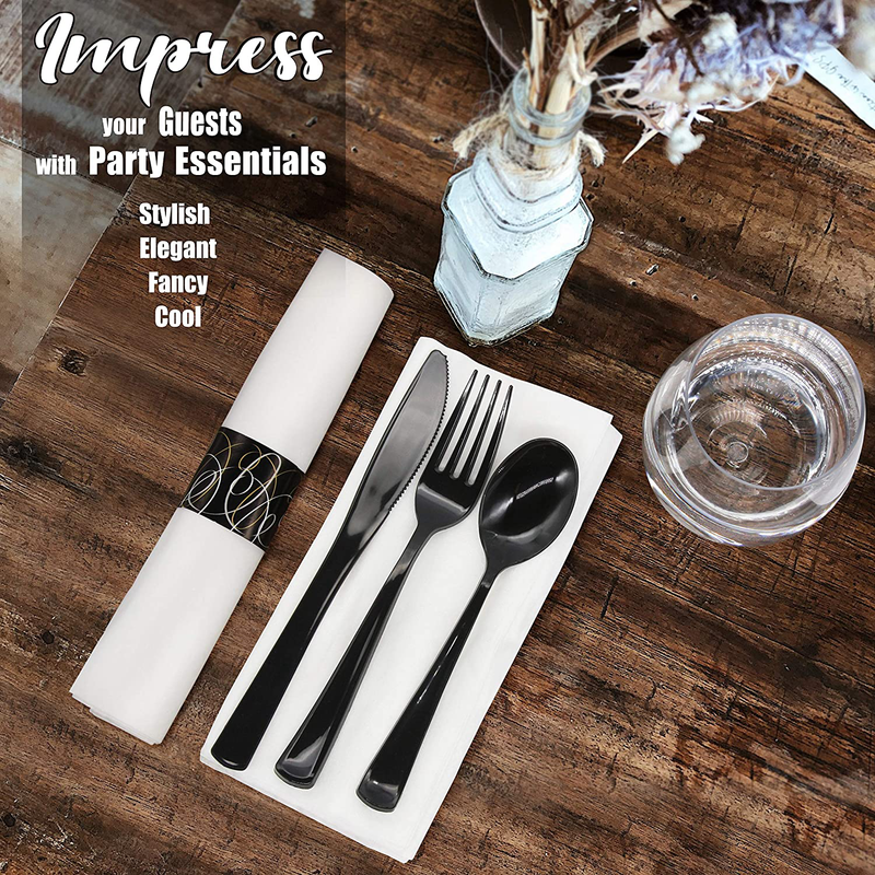 Party Essentials Party Supplies Wrapped Silverware Set Disposable, Pre Rolled Napkin and Cutlery, 50 Units, Spoons/Forks/Knives Black