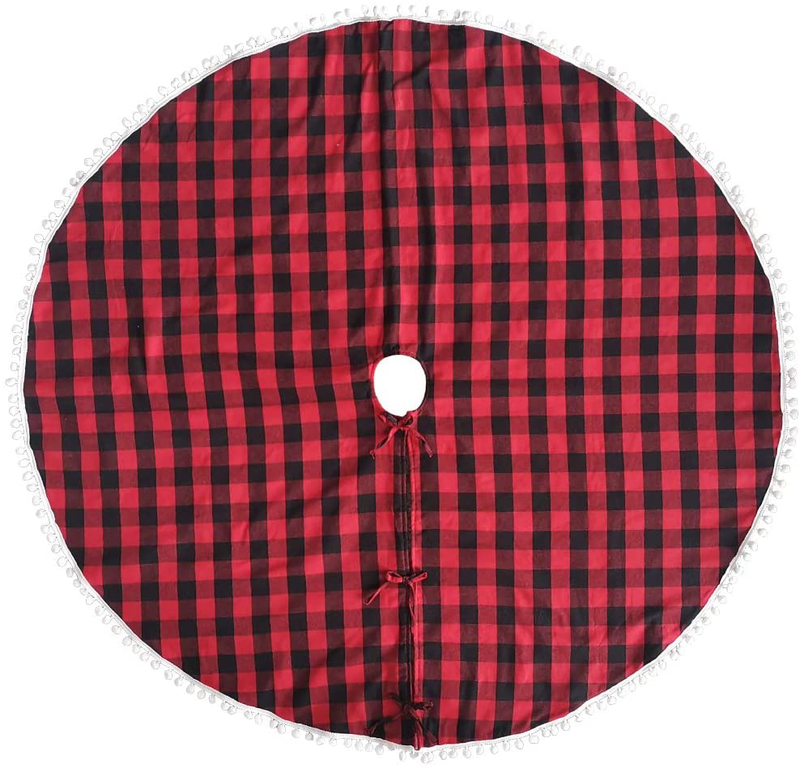 GKanMore Checked Christmas Tree Skirt 48" Red and Black Buffalo Plaid Tree Skirt with White Bubble Lace Xmas Tree Mat Skirt for Christmas New Year Holiday Party Decorations (Red & Black Plaid)