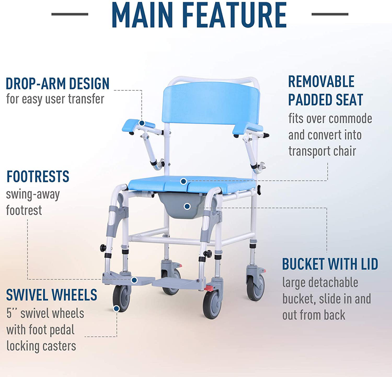 HOMCOM Accessibility Commode Wheelchair, Rolling Shower Wheelchair with 4 Castor Wheels, Rectangle Detachable Bucket, & Waterproof Design, Blue Sporting Goods > Outdoor Recreation > Camping & Hiking > Portable Toilets & Showers HOMCOM   