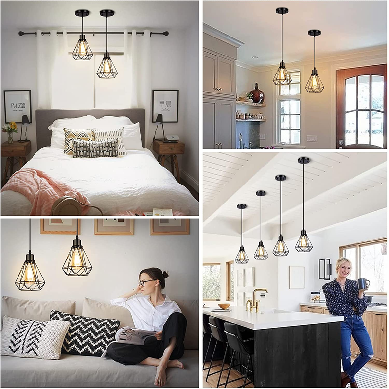 Industrial Pendant Light Adjustable Hanging Light Fixtures with Black Metal Cage, Boncoo Vintage Pendant Lights Farmhouse Ceiling Lighting Pendant Lamp E26 Base for Kitchen Island Dining Room, 2 Pack