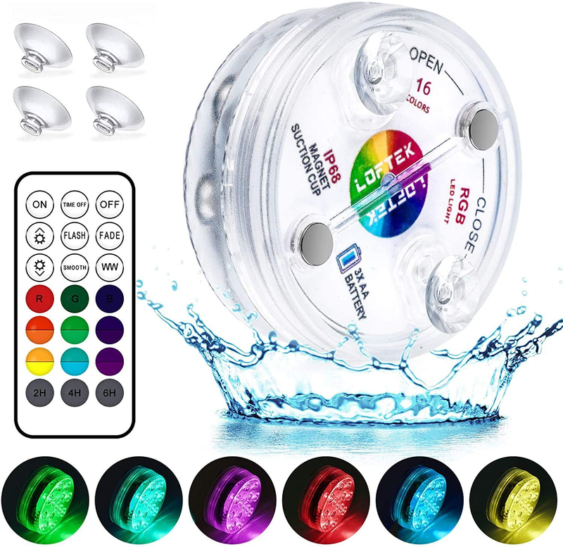 LOFTEK Submersible LED Lights with Remote RF(164ft),Full Waterproof Pool Lights for Inground Pool with Magnets, Suction Cups,3.35” Color Changing Underwater Lights for Ponds Battery Operated (4 Packs) Home & Garden > Pool & Spa > Pool & Spa Accessories LOFTEK 1  