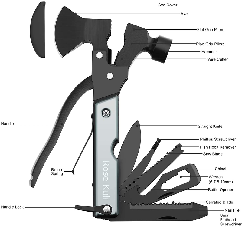 Rose Kuli Multitool Camping Accessories Gifts for Men Dad, 18 in 1 Survival Compact Hatchet Multi Tools with Knife Axe Hammer Saw Screwdrivers Pliers Bottle Opener for Hunting Hiking Fishing Sporting Goods > Outdoor Recreation > Camping & Hiking > Camping Tools Rose Kuli   