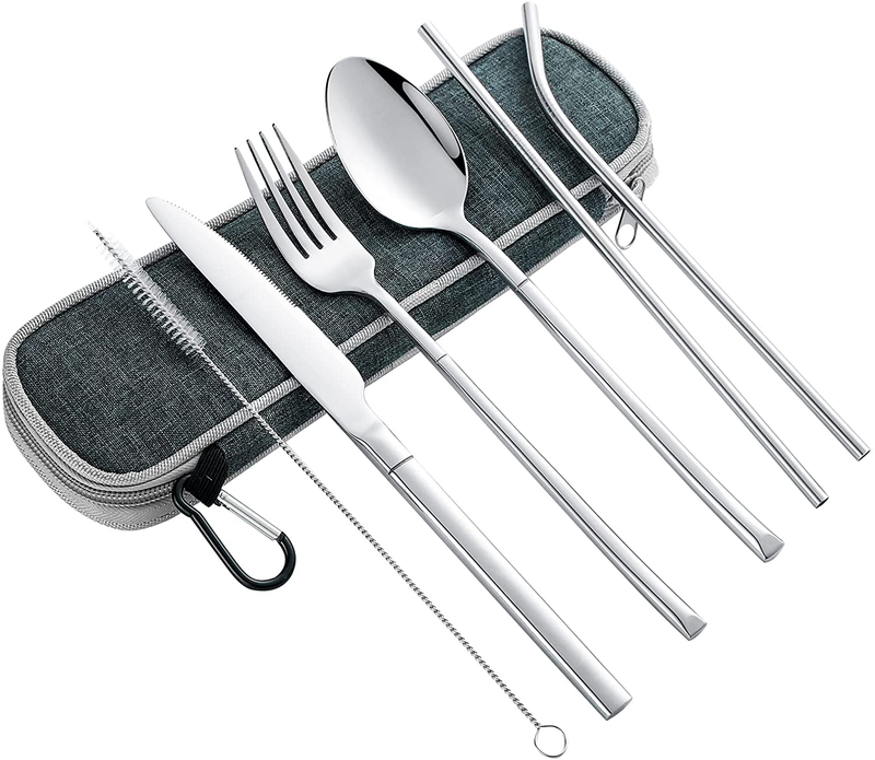 Portable Travel Utensil Set with Case, 8 Piece Stainless Steel Silverware Travel Cutlery Set Reusable Camping Flatware Set with Chopsticks Knife and forks for RV, Picnic, Driver, School