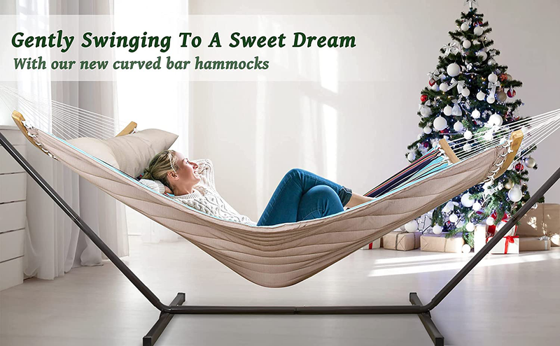 Portable Hammock with Stand, Ergonomic 2 Person Heavy Duty Hammock, 475lb Capacity, Perfect for Indoor Outdoor Patio, Deck & Yard - Pillow, Quilted Bed & Unique Curved Bamboo Spreader Bars, Royal Blue Home & Garden > Lawn & Garden > Outdoor Living > Hammocks Parapop   
