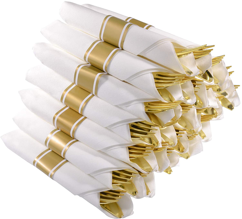 Pre Rolled Gold Plastic Cutlery - 30 Pack Disposable Plastic Utensils, Wrapped silverware Set with 30 Forks, 30 Knives, 30 Spoons and 30 Napkins for Party and Wedding Home & Garden > Kitchen & Dining > Tableware > Flatware > Flatware Sets Aowutus Gold  