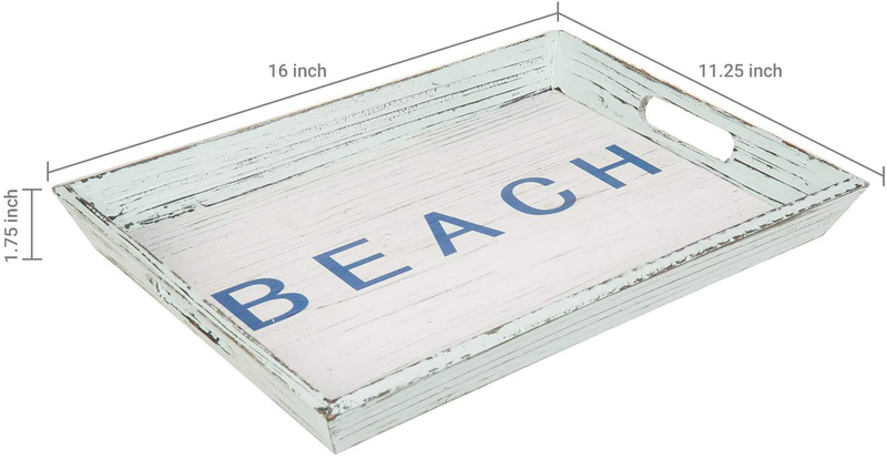 MyGift 16-inch Aqua Blue & Whitewashed Wood Beach Serving Tray with Cutout Handles