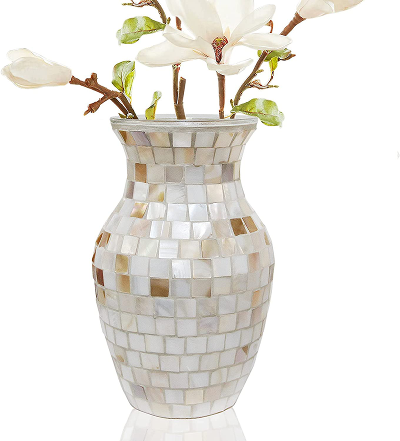 SHMILMH White Glass Vases for Flowers, Unique Handmade Natural Shell Vase, Rustic Mosaic Vases for Bouquets, Home Decor, Wedding, 8"