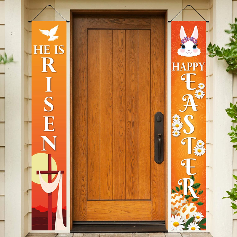 Happy Easter Day Porch Sign, Holy Week He Is Risen Decoration Hanging Banner for Front Porch Door Home Indoor Outdoor, Decorated with Cross Easter Eggs Easter Bunny Easter Lily White Dove