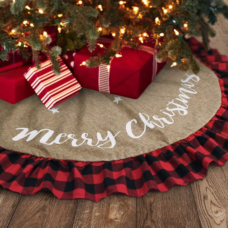 Meriwoods Burlap Christmas Tree Skirt 48 Inch, Large Tree Collar with Ruffled Buffalo Plaid Trim, Country Rustic Indoor Xmas Decorations Home & Garden > Decor > Seasonal & Holiday Decorations > Christmas Tree Skirts Meriwoods   