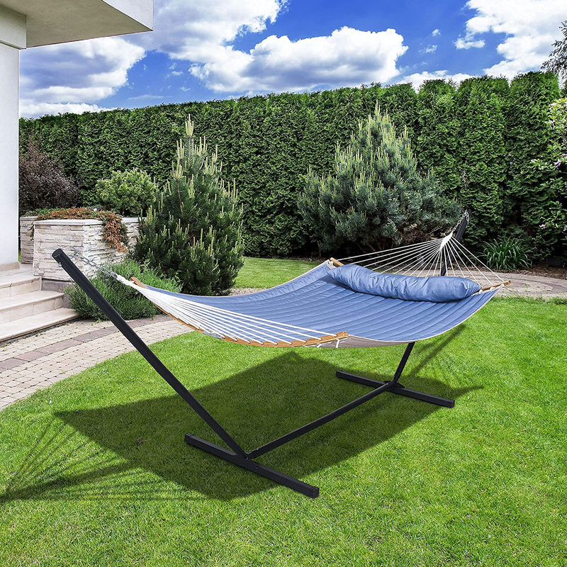 Mansion Home 2 Person Hammock with Stand,12 Ft, Heavy Duty 450 lbs, Outdoor Hammock with Curved Spreader Bar, Hammocks for Outside with Stand Pillow & Portable Bag, Blue