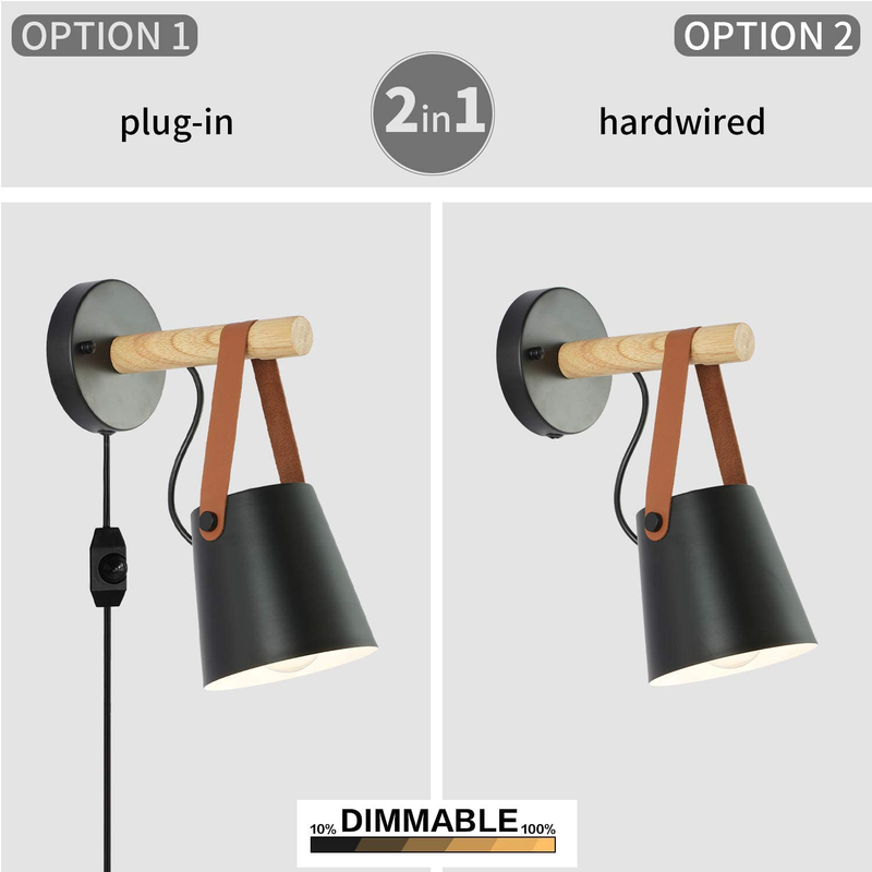 Kingmi Plug in Dimmable Metal Wall Sconce 2-Pack Modern Leather and Wood Wall Lamp LED Bedside Light Night Lights Wall Sconce Lighting Fixture Home & Garden > Lighting > Lighting Fixtures > Wall Light Fixtures KOL DEALS   