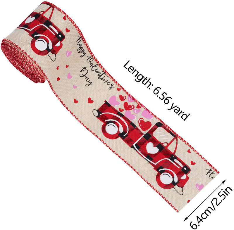 Dxhycc 2 Rolls Valentine'S Day Wired Edge Ribbon Vintage Happy Valentine'S Day Truck Ribbon Love Red Heart Ribbons for Gift Wrapping Wedding Decoration DIY Crafts, 2.5 Inch Home & Garden > Decor > Seasonal & Holiday Decorations Dxhycc   