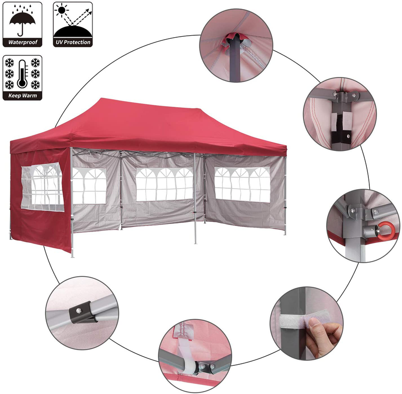 DOIT 10 x 20 FT Pop Up Canopy with Removable Sidewalls, Outdoor Canopy Tent for Party, Event, Wedding & Camping, Instant Easy Up Gazebo Shelter with Potable Wheeled Carrying Bag - Red Home & Garden > Lawn & Garden > Outdoor Living > Outdoor Structures > Canopies & Gazebos DOIT   