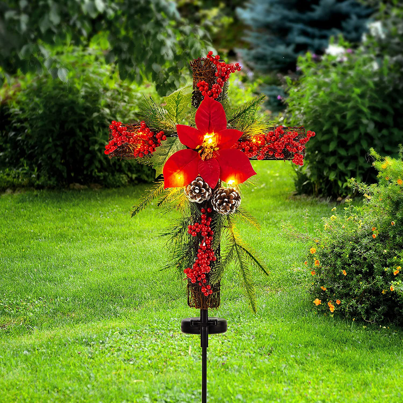 SOWSUN Solar Christmas Decorations Outdoor LED Lights, Xmas Waterproof Cross Stake, Cemetery Grave Decorations,Faux Pine Cones and Foliage Ornament Stakes for Garden Lawn Yard Cemetery, Set of 2 Home & Garden > Decor > Seasonal & Holiday Decorations& Garden > Decor > Seasonal & Holiday Decorations SOWSUN   