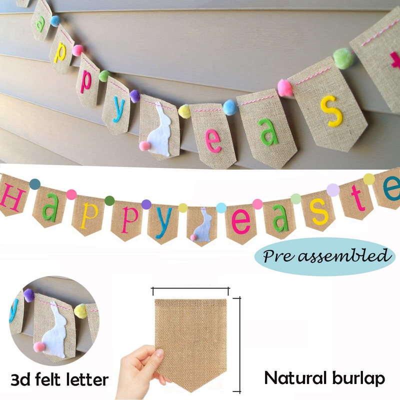 Happy Easter Burlap Banner Decorations, Happy Easter Garland, Easter Decor, Easter Bunting, Easter Bunny Sign, Farmhouse Banner, Easter Decorations for Mantle,Easter Bunny Banner Gift for Kids …