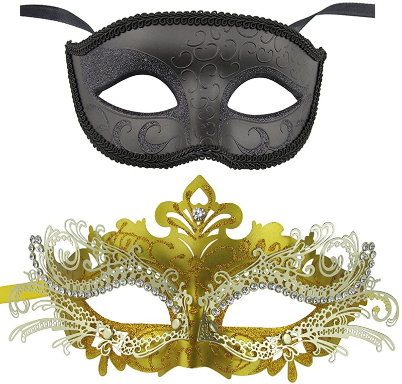 Couple Masquerade Metal Masks Venetian Halloween Costume Mask Mardi Gras Mask Apparel & Accessories > Costumes & Accessories > Masks Coddsmz Black+gold  