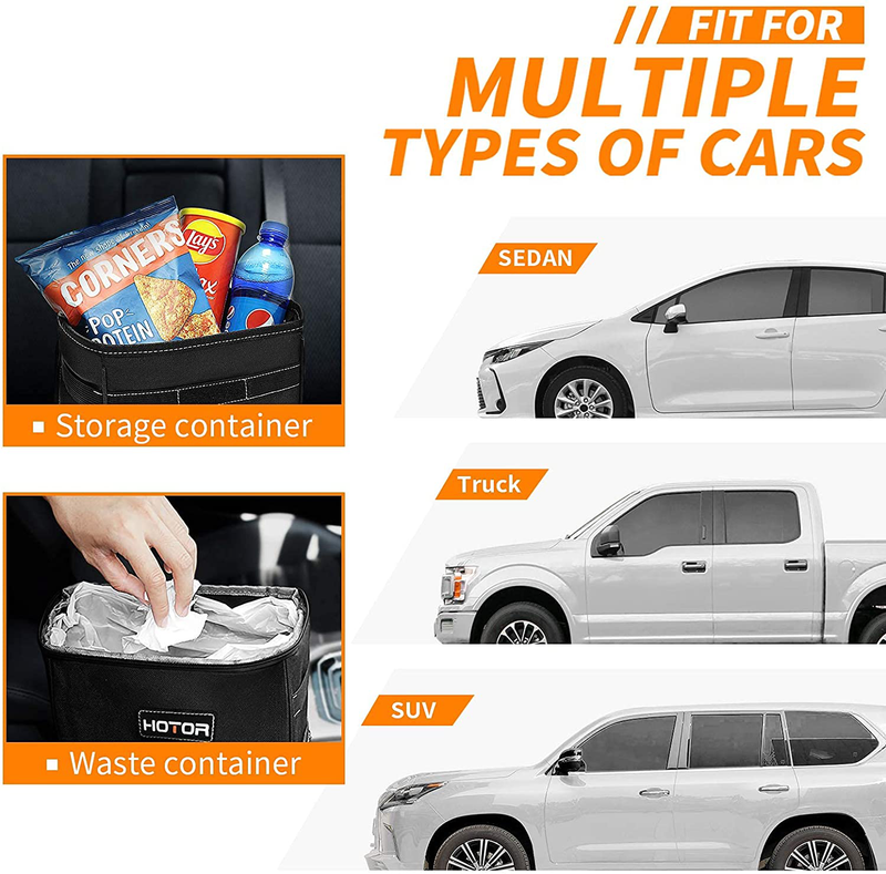 HOTOR Car Trash Can with Lid and Storage Pockets, 100% Leak-Proof Car Organizer, Waterproof Car Garbage Can, Multipurpose Trash Bin for Car - Black