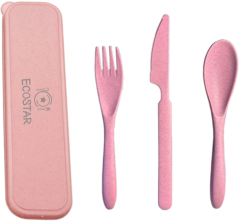 ECOSTAR Portable Wheat Straw Cutlery Set, 3-Piece Reusable Eco-Friendly BPA Free Utensils including Biodegradable Knife Spoon Fork and Travel Case - Great for Kids and Adults (Blue, 1) Home & Garden > Kitchen & Dining > Tableware > Flatware > Flatware Sets ECOSTAR Pink 1 