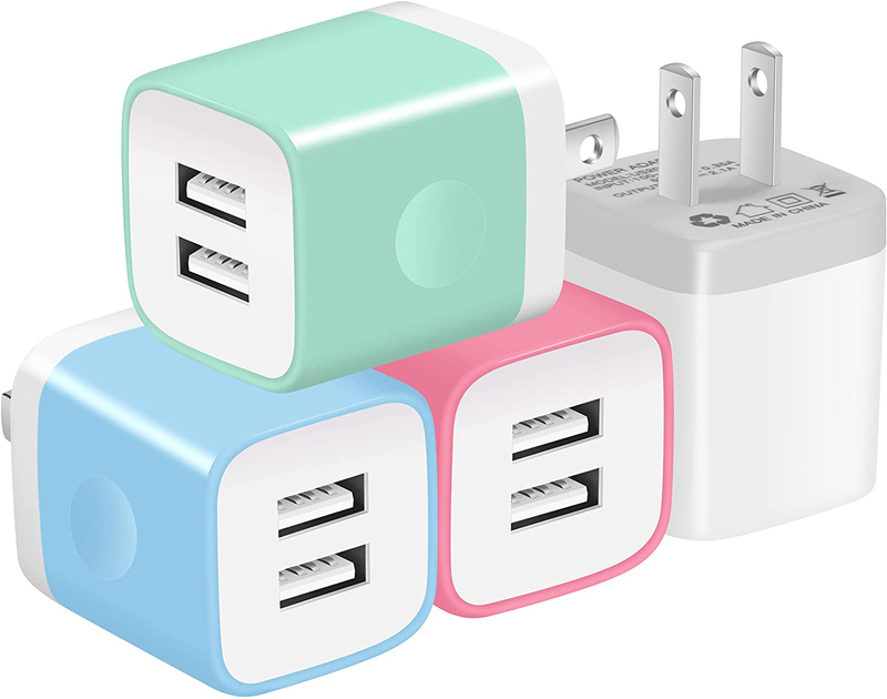 X-EDITION USB Wall Charger,4-Pack 2.1A Dual Port USB Cube Power Adapter Wall Charger Plug Charging Block Cube for Phone 8/7/6 Plus/X, Pad, Samsung Galaxy S5 S6 S7 Edge,LG, Android (White)  X-EDITION White,Red,Blue,Green  