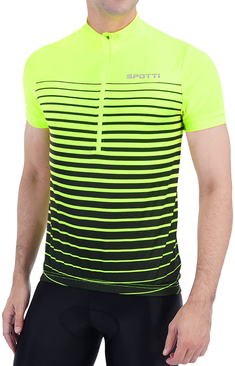 Spotti Men's Cycling Bike Jersey Short Sleeve with 3 Rear Pockets- Moisture Wicking, Breathable, Quick Dry Biking Shirt Sporting Goods > Outdoor Recreation > Cycling > Cycling Apparel & Accessories Spotti Green Stripe X-Large 