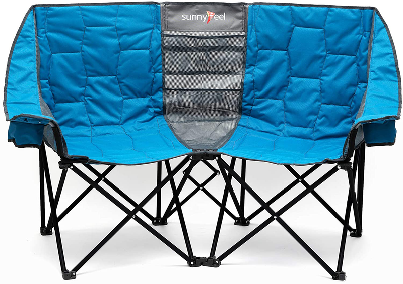 Sunnyfeel Double Folding Camping Chair, Oversized Loveseat Chair, Heavy Duty Portable/Foldable Lawn Chair with Storage for Outside/Outdoor/Travel/Picnic, Fold up Camp Chairs for Adults 2 People Sporting Goods > Outdoor Recreation > Camping & Hiking > Camp Furniture SUNNYFEEL Blue  