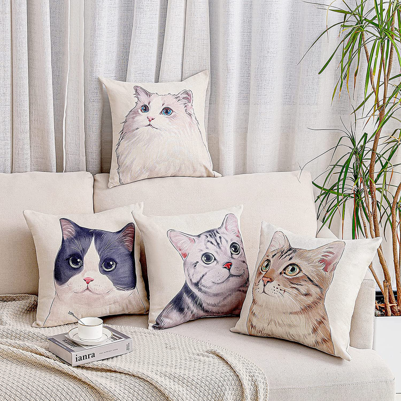 FURUIE Throw Pillow Covers 18 X 18 Inches, Cute Decorative Cartoon Linen Cotton Pillow Cushion Covers for Couch Sofa Bed Chair Car, Pillowcases Set of 4 (Cat) Home & Garden > Decor > Chair & Sofa Cushions FURUIE   