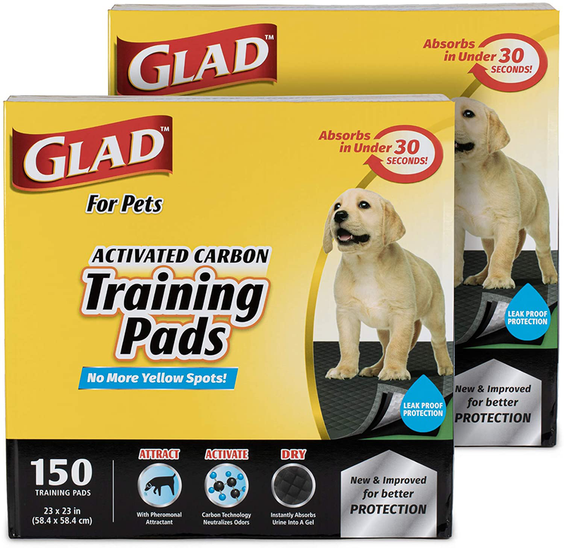 Glad for Pets Black Charcoal Puppy Pads-Puppy Potty Dog Training Pads That Absorb & NEUTRALIZE Urine Instantly-Training Pads for Dogs, Dog Pee Pads, Pee Pads for Dogs, Dog Crate Pads Animals & Pet Supplies > Pet Supplies > Dog Supplies > Dog Diaper Pads & Liners Fetch for Pets 150 Count (Pack of 2)  