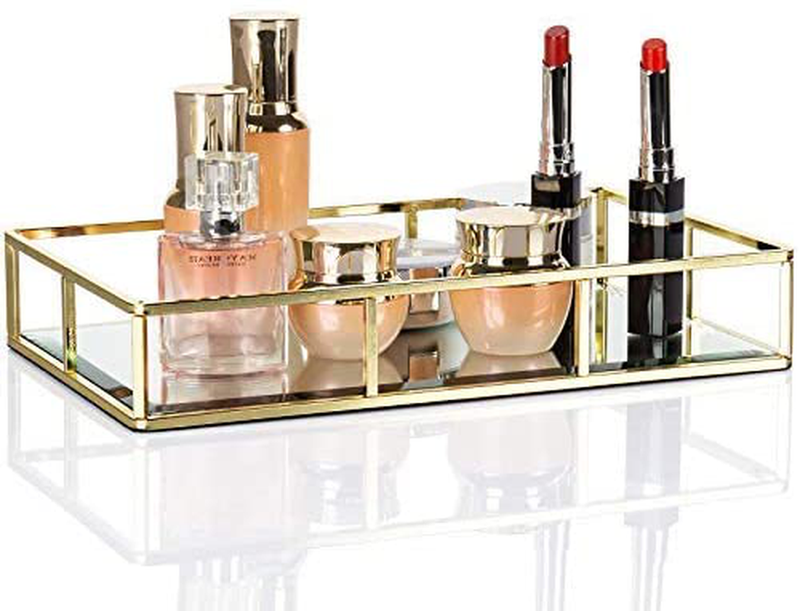 Display4top Tray Mirror,Decorative Countertop Organizer,Vintage Gold Mirrored Glass Metal Tray Ornate Tray Jewelry Perfume Organizer Makeup Tray for Vanity,Dresser,Bathroom,Bedroom(12"x7.4"x2") Home & Garden > Decor > Decorative Trays display4top   