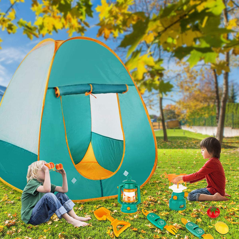 KAQINU 33 PCS Kids Camping Set, Pop up Play Tent with Kids Camping Gear Toys, Indoor and Outdoor Camping Tools Pretend Play Set for Toddler Boys & Girls