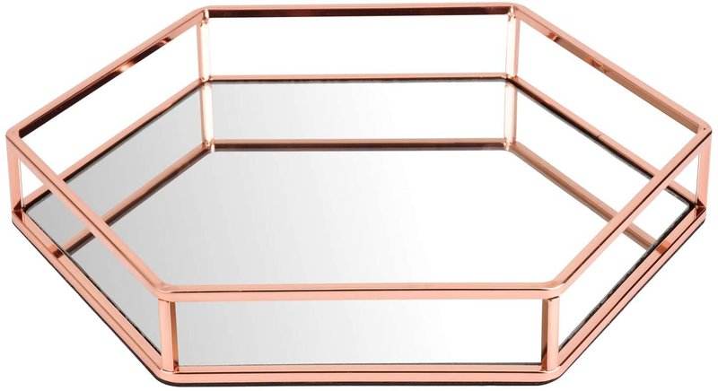 Hexagon Glossy Rose Gold Metal and Mirror Decorative Glass Tray, Perfect Storage Organizer Ottoman Coffee Table Serving Vanity Tray for All Occasions (Rose Gold, 13.813.82.2 inch) Home & Garden > Decor > Decorative Trays M-hiccup   