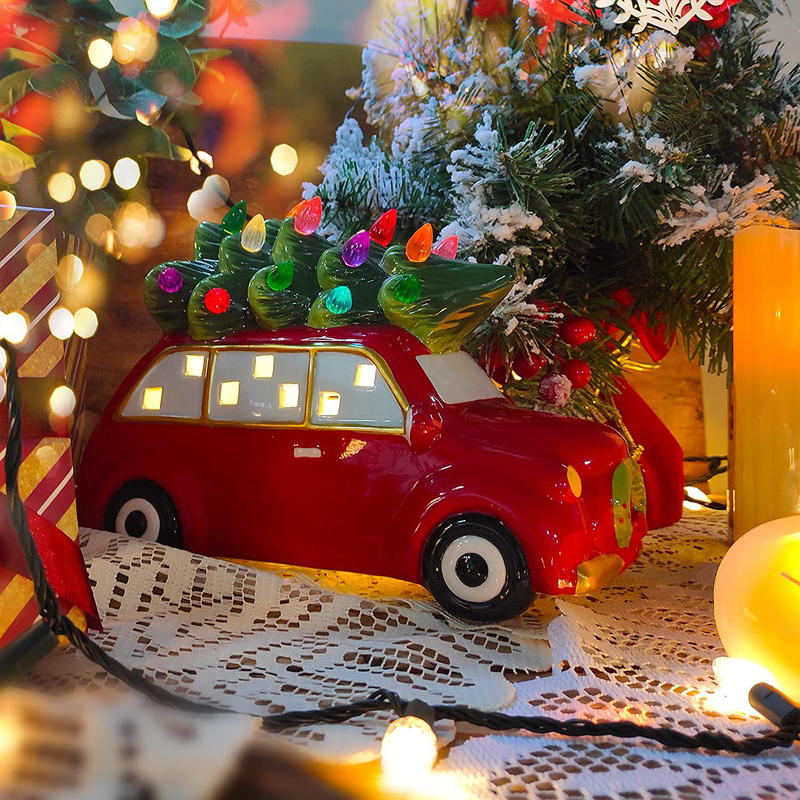 Sunnyglade Ceramic Christmas Tree and Vintage Car Christmas Tabletop Decoration Nostalgic Lighted Ceramic Christmas Tree in Red Car for Indoor Holiday Decoration