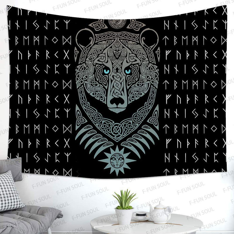 F-FUN SOUL Viking Tapestry, Large 80x60inches Soft Flannel Viking Decor, Mysterious Viking Bear Meditation Psychedelic Runes Wall Hanging Tapestries for Living Room Bedroom Decor GTLSFS9 Home & Garden > Decor > Artwork > Decorative Tapestries F-FUN SOUL   
