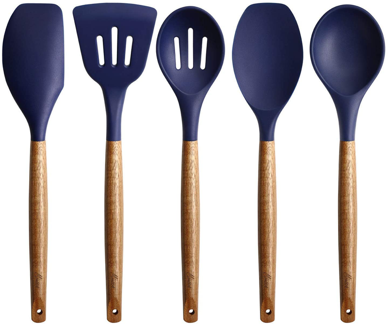 Miusco Non-Stick Silicone Cooking Utensils Set with Natural Acacia Hard Wood Handle, 5 Piece, Grey, High Heat Resistant Home & Garden > Kitchen & Dining > Kitchen Tools & Utensils Miusco Midnight Blue  