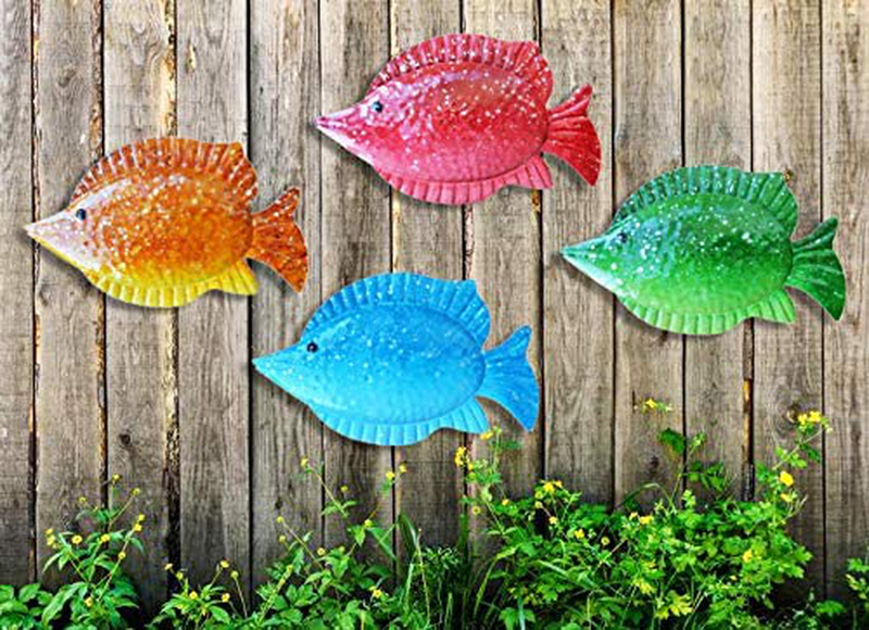 ShabbyDecor Coastal Ocean Sea Metal Fish Hanging Wall Art Decor Set of 4 for Outdoor or Indoor Home & Garden > Decor > Artwork > Sculptures & Statues ShabbyDecor   