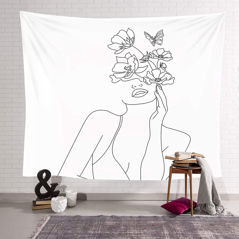 Miytal Art Line Aesthetic Tapestry, Simple Women with Flower Butterfly Wall Hanging, Modern Minimalist Abstract Creative Sketch Wall Décor for Dorm Bedroom Office – 51.2" x 59.1” Home & Garden > Decor > Artwork > Decorative Tapestries Miytal   