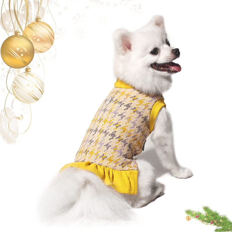 TONY HOBY Dog Sweater Dresses, Pet Sweater with Leash Hole, Houndstooth Pattern Dog Pullover Warm Sweater Vest Skirt for Fall Winter