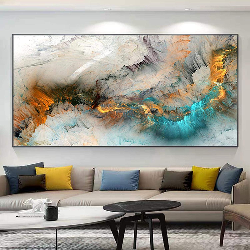 LLNN Light Gray Blue Yellow Cloud Abstract Canvas Frames - Canvas Painting Wall Art Print Poster for Living Room Decoration 50X100Cm with Frame