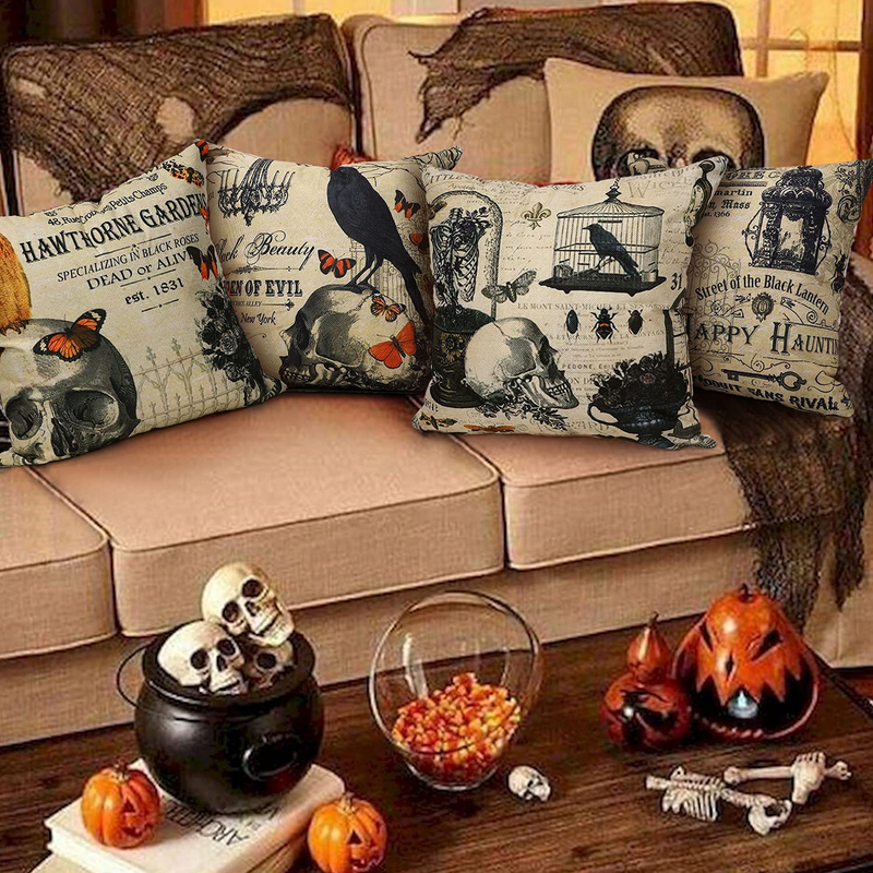 SIBOSUN Set of 4 Halloween Throw Pillow Covers 18x18 Inches for Owl/Crow/Pumpkin/Skull Halloween Decor Vintage Pillow Case Linen Square Cushion Covers for Sofa Couch Bed Home Outdoor Car Arts & Entertainment > Party & Celebration > Party Supplies SIBOSUN   
