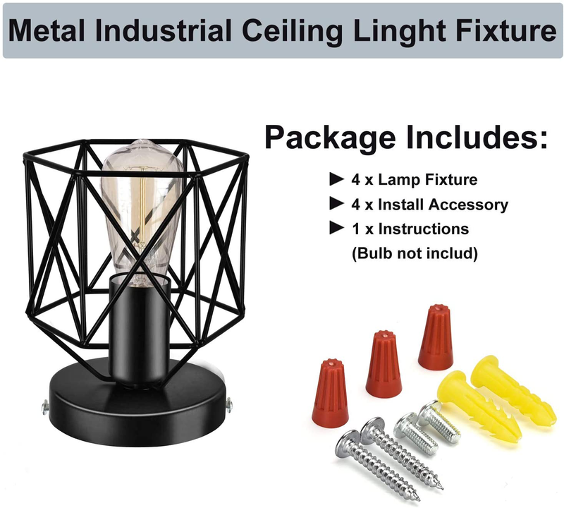 Industrial Ceiling Light Fixture 4 Pack, E26 Vintage Metal Semi Flush Mount Ceiling Light Fixtures, Rustic Cage Light Fixture for Hallway Stairway Kitchen Farmhouse, Black Home & Garden > Lighting > Lighting Fixtures > Ceiling Light Fixtures KOL DEALS   